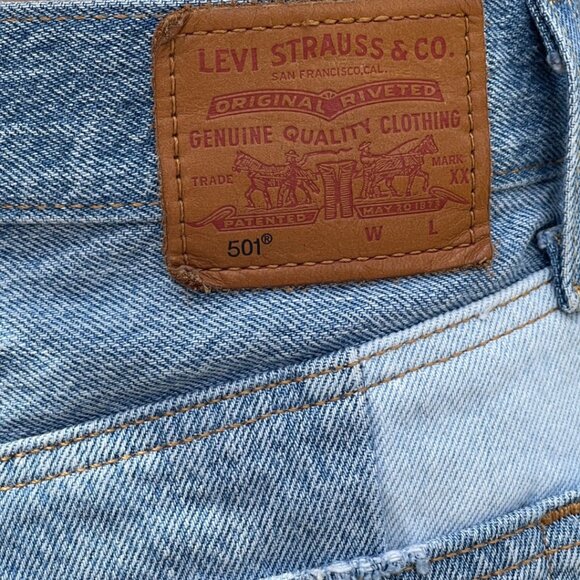 Levis 501 Patchwork Button Fly Jean Shorts Womens Size 28 Blue Western Cowgirl - Picture 5 of 14
